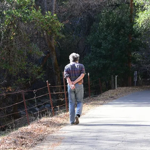 Art Shapiro, distinguished professor of evolution and ecology at UC Davis, walks along one of his study areas, Gates Canyon Road, Vacaville. This image was taken Jan. 25, 2014. (Photo by Kathy Keatley Garvey)