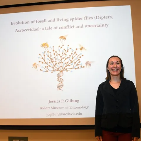 Entomologist Jessica Gillung stands by her exit seminar slide. (Photo by Kathy Keatley Garvey)