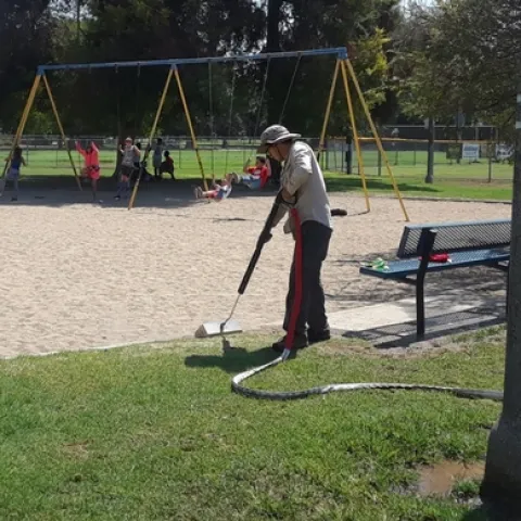 Weed steaming near playground