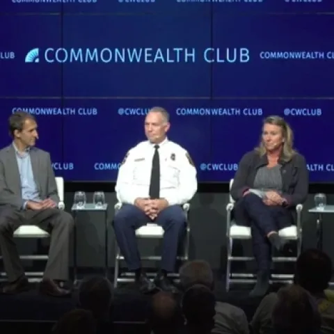 Keith Gilless, left, and Maggi Kelly, second from right, discussed wildfire at the Commonwealth Club on Dec. 4.