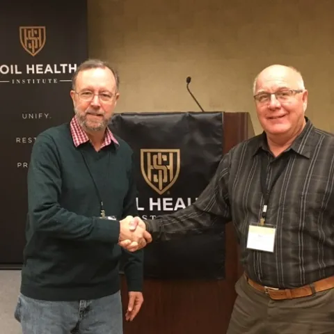 NRCS’s Rob Roy (left), Area 3 Agronomist, and Paul Tracy (right) of the Soil Health Institute at the kick-off meeting of the North American long-term study site soil health project in Chicago, IL, January 23 and 24, 2019.