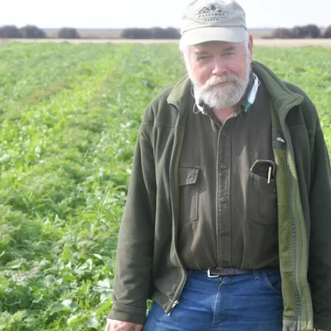 Peter Donovan of the Soil Carbon Coalition visiting the NRI Project field in Five Points, CA. January 26, 2019