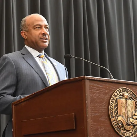 UC Davis Chancellor Gary S. May addresses the crowd. (Photo by Kathy Keatley Garvey)