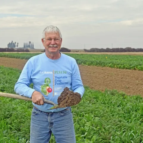 UCCE cropping systems advisor Jeff Mitchell with a shovelful of healthy soil at the UC West Side Research and Extension Center.