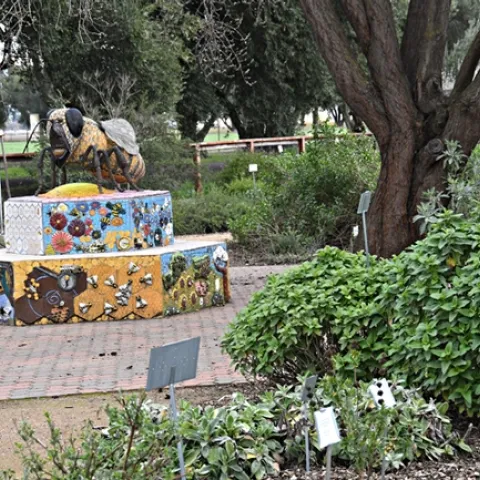 A six-foot-long mosaic and ceramic sculpture, Miss Beehaven, anchors the Häagen-Dazs Honey Bee Haven. It is the work of Donna Billick of Davis. (Photo by Kathy Keatley Garvey)