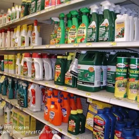 A retail shelf showing various pesticide containers. (Credit: Cheryl A. Reynolds)