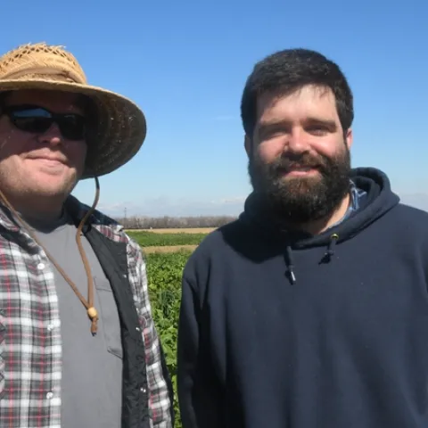 Brady Holder (right) and brother, Riley, visit CASI’s NRI Project field in Five Points, CA, February 22, 2019