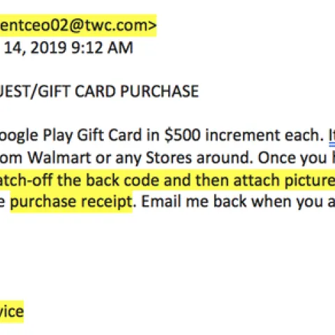Phishing email example