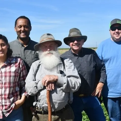 Visitors at the long-term NRI Project field on March 15, 2019 (left to right) Jessica Alvarez, Teamrat Ghezzehei, Tom Willey, Steve Beck, and Tyler Beck