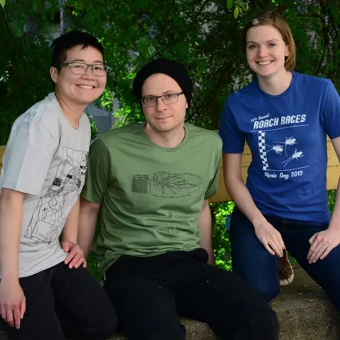 Showing winning entomology shirts are (from left) Ivana Li, UC Davis staff research associate and a UC Davis graduate in entomology; nematolgist and graduate student Corwin Parker of the Steve Nadler lab; and graduate student Jill Oberski of the Phil Ward lab. Oberski created the American Gothic t-shirt and the roach races t-shirt, while Parker designed the cicada t-shirt. Li is a strong supporter and also designed a t-shirt for the contest.(Photo by Kathy Keatley Garvey)
