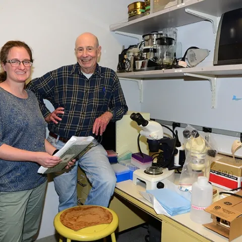 Bruce Hammock, UC Davis distinguished professor and co-founder of EicOsis and Cindy McReynolds, an EicOsis project manager and UC Davis doctoral student. (Photo by Kathy Keatley Garvey)