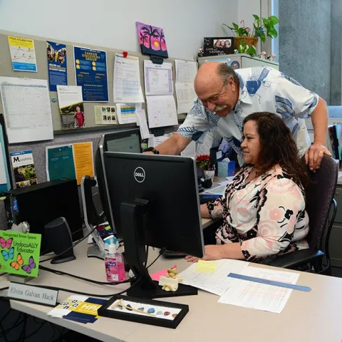 Forensic entomologist and master advisor Robert Kimsey and staff advisor Elvira Galvan Hack. (Photo by Kathy Keatley Garvey)