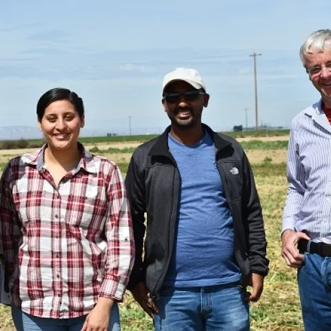 Teamrat Ghezzezei, Jennifer Alvarez, Samuel Ayala, of UC Merced and Jan Hopmans of UC Davis (left to right), tour the NRI Project field in Five Points, CA April 1, 2019