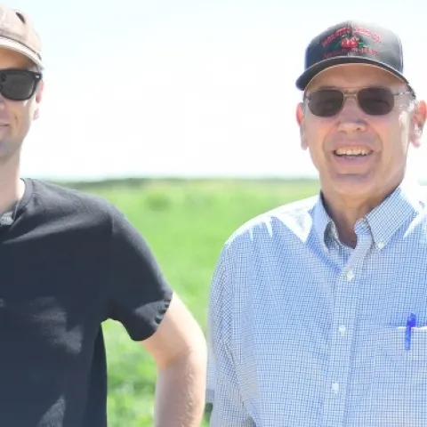 Darcy Villere (left) and Ron Jones of J & J Farms in Firebaugh, CA join CASI’s Jeff Mitchell for a discussion and tour of the NRI Project field in Five Points, CA June 21, 2019