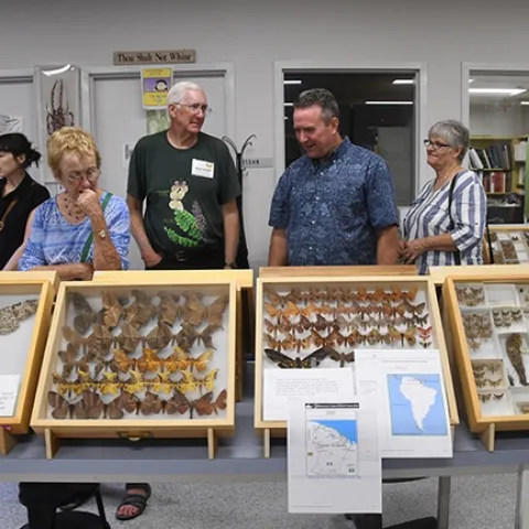 Entomologist Norm Smith (center) answers questions about moths at the Bohart Museum of Entomology's Moth Night. (Photo by Kathy Keatley Garvey)