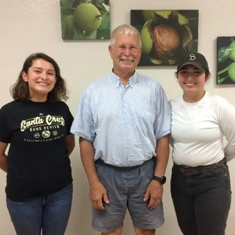 Lilliana Ruiz (left), Jeff Mitchell, and Sophia Garcia, following the video presentation by Ruiz and Garcia to twenty staff members of the Kearney Agricultural Research and Extension Center in Parlier, CA, July 19, 2019