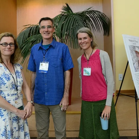 Keynote speaker Lynn Dicks (far left) of the School of Biological Sciences, University of East Anglia, United Kingdom, with conference co-chair Neal Williams, pollination ecologist, UC Davis Department of Entomology and Nematology, and speaker Rachel Vannette of the UC Davis Department of Entomology and Nematology, who addressed the crowd on her hummingbird research. (Photo by Kathy Keatley Garvey)