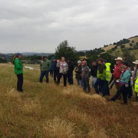Workshop participants learn about a compost application research project from Ashley Shaw.