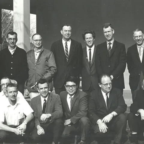 The UC Davis Department of Entomology, Feb. 3, 1970. In front (from left) are Dick Bushing, Frank Summers, Bob Schuster, Al Grigarick, Bob Washino, Harry Lange and Harry Laidlaw. In back (from left) are Charles Judson. Robbin Thorp, Vern Burton, Elmer Carlson, Oscar Bacon, Frank Strong, Don McLean, Ward Stanger and Ed Loomis. Among faculty not pictured: Stanley F. Bailey, R. M. Bohart, Warren R. Cothran, Norman Gary, G. A. H. McClelland, Howard McKenzie and Gene Stafford.