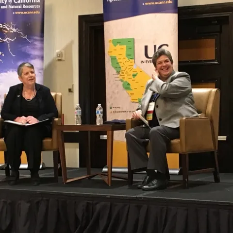 President Janet Napolitano, left, sat down with VP Humiston at UC ANR's statewide conference in 2018 to discuss UC ANR's role in advancing UC's Global Food, Carbon Neutrality and Mexico initiatives.