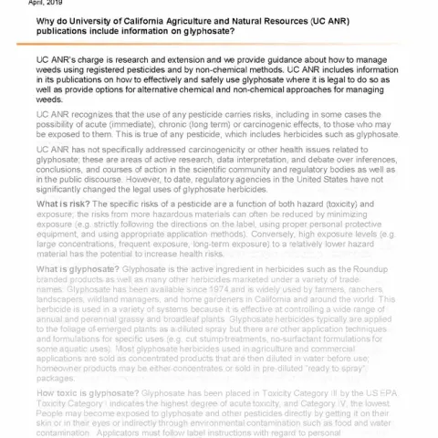 Info sheet: Why do University of California Agriculture and Natural Resources (UC ANR) publications include information on glyphosate?