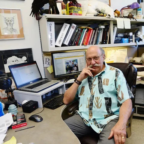 Forensic entomologist Robert Kimsey in his office in Briggs Hall. He serves as the master advisor to the animal biology major and advises the UC Davis Entomology Club. (Photo by Kathy Keatley Garvey)