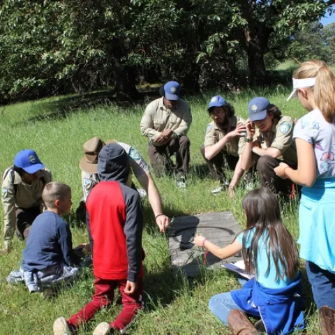 California Conservation Corpsmembers show a group of kids how to safely look for herpetofauna like salamanders and skinks for a citizen science monitoring project.