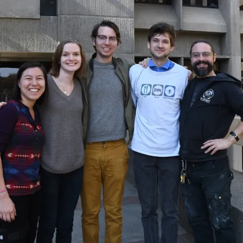 The UC Linnaean Games Team includes (from left) Hanna Kahl, Jill Oberski, Miles Dakin, Zach Griebenow and Brendon Boudinot, all in the doctoral program, UC Davis Department of Entomology and Nematology. Not pictured: captain Ralph Washington Jr., who received his bachelor's degree in entomology at UC Davis and is now a graduate student at UC Berkeley. (Photo by Kathy Keatley Garvey)
