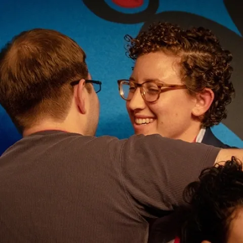 Linnaean Games Team (Bug Bowl) member Emily Bick received a congratulatory hug after the UC team won the national championship in 2018. (ESA Photo)