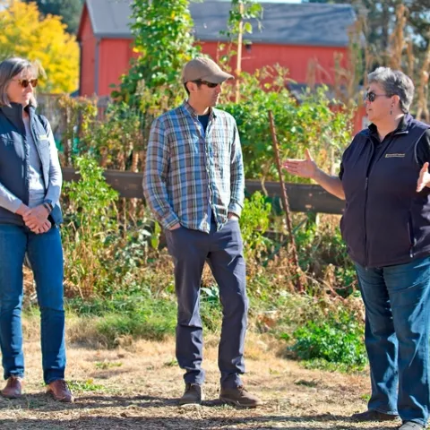 (l-r) Regent Stegura and Michael Bedard talk with Glenda Humiston at Bayer Farm Park & Gardens