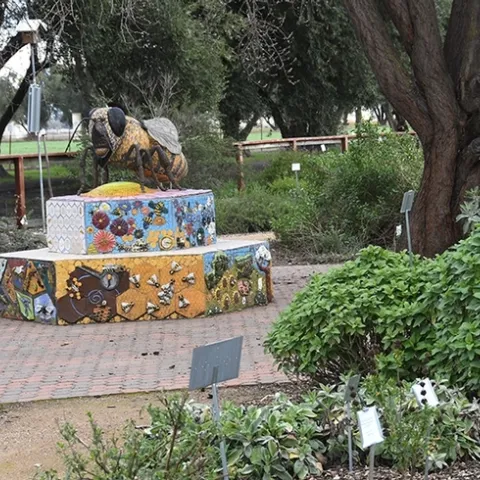 A six-foot worker bee, created by Donna Billick of Davis, anchors the Häagen-Dazs Honey Bee Haven on Bee Biology Road. (Photo by Kathy Keatley Garvey)