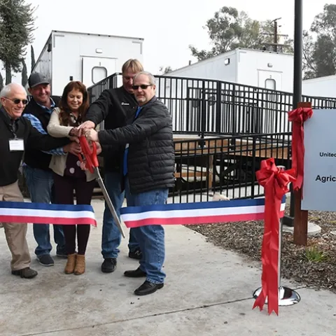 From left are almond pollination consultant Robert Curtis of Carmichael, retired director of agricultural affairs, Almond Board of California; queen bee breeder Brad Pankratz of Can-Am Apiaries, Orland; queen bee breeder Jackie Parks-Burris of Jackie Park-Burris Queen Bees, Palo Cedro and a past president of California State Beekeepers' Association; Darren Cox of Logan, Utah, past president of American Honey Producers; and Kelvin Adee of Bruce, S.D., president of American Honey Producers. (Photo by Kathy 