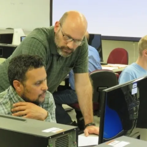 Shane Feirer helps a participant at Forest GIS workshop in Santa Rosa, March 2019