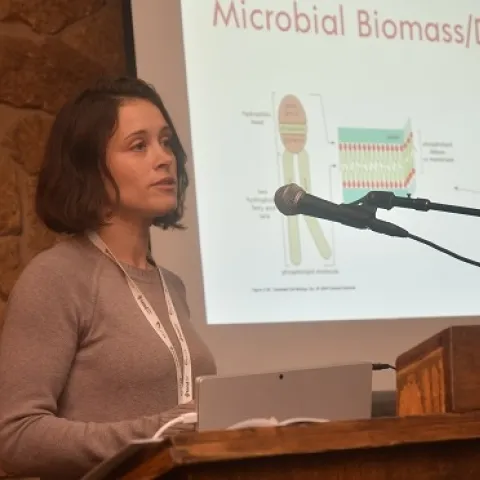 Jessica Chiartas, UC Davis PhD candidate, sharing information on soil health and preliminary findings from the CIG farm soil monitoring effort, January 24, 2020