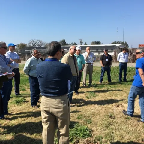Cheryl Wilen showed the group her herbicide trials for weed control.