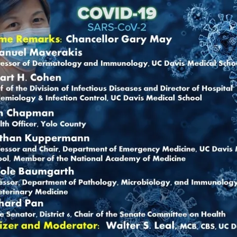 These are the speakers at the UC Davis-based COVID-19 webinar on Thursday, April 23. (Graphic by Walter Leal)