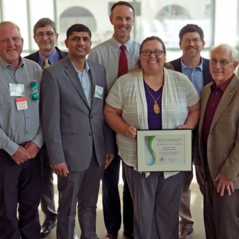 The UC IPM Almond Pest Management Alliance Team. From left, DPR Director Val Dolcini, Brad Higbee, Chuck Burkes, Jhalendra Rijal, David Haviland, UCCE staff research assistant Stephanie Rill, and the Almond Board’s Jesse Rosemond, Bob Curtis, Rebecca Bailey and Jenny Nicolau.