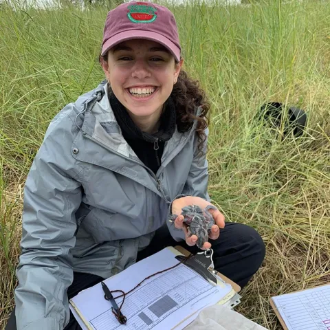 Naomi Murray, a third-year student at UC Davis, shown here doing field work in Davis, anticipates receiving her bachelor of science degree in evolution, ecology and biodiversity in June 2021. (Photo by Alicia Bird)