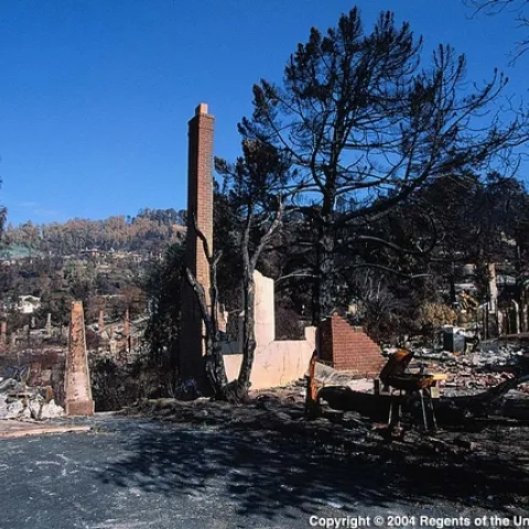 Fire damage from the 1991 Oakland Hills fire. Buildings can burn quickly if embers get inside and fall on flammable materials.