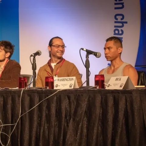 The 2018 UC team, comprised of UC Davis and UC Berkeley graduate students, won the national Linnaean Games championship. From left are graduate students Zachary Griebenow and Brendon Boudinot of UC Davis, captain Ralph Washington Jr. of UC Berkeley (he received his bachelor's degree in entomology from UC Davis) and Emily Bick of UC Davis. (ESA Photo)
