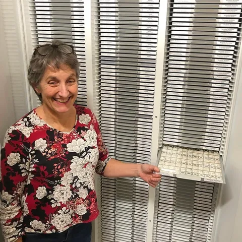 Lynn Kimsey, director of the Bohart Museum of Entomology, with part of the museum's tardigrade collection. (Photo by Kathy Keatley Garvey)