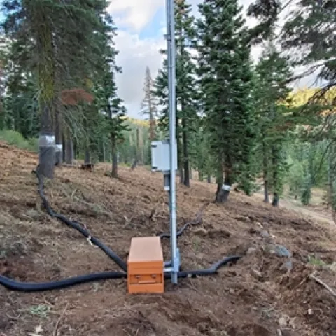 An instrumented forest restoration site in the Middle Fork of the American River Basin. Credit: Safeeq Khan.