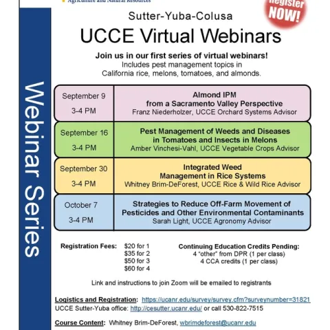 UCCE Sutter-Yuba-Colusa Virtual Webinar series flyer for Sept-Oct 2020