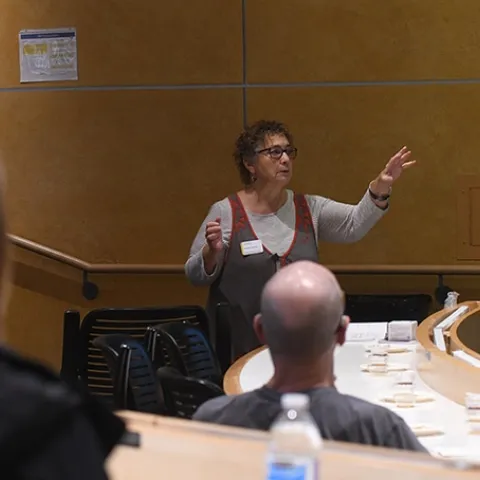 Amina Harris, director of the UC Davis Honey and Pollination Center, leads a discussion at a recent honey sensory workshop. The Oct. 22 sensory workshop will be virtual. (Photo by Kathy Keatley Garvey)
