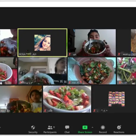 Zoom capture of 9 computer screens with youth and adults in SNAC Club showing the strawberry salads they each created at home.