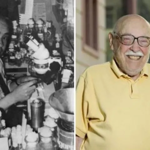 UC Davis geneticist Mel Green in his lab in 1967, and outside the future Green Hall, 2011. (UC Davis photos)