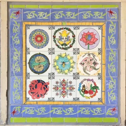 This is the mural newly installed in the hallway of the the UC Davis Environmental Horticulture Building. The tiles are the work of top (from left) Heewon Shin, Diane Ullman, and Mai Xiong; center (from left) Jason Hu, Emma Stone, and Analiese Ignacio, and bottom (from left) Anushka Vispute, Gale Okumura, and Leslie Briceno-Marquez.