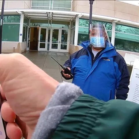 UC Davis distinguished professor Walter Leal is his way to obtain a COVID-19 saliva test at a UC Davis kiosk. The saliva tests are given, by appointment, to members of the UC Davis and Davis communities. (Photo by Walter Leal)