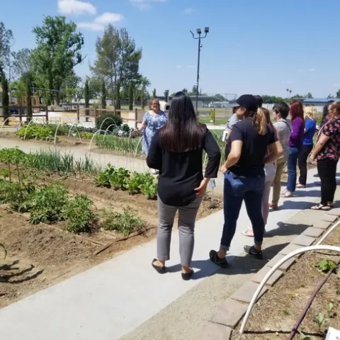UCCE Kern County educator conducting training at an outdoor garden with participants.