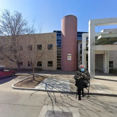 Bernie Sanders in front of the Bohart Museum of Entomology on Crocker Lane, UC Davis campus.
